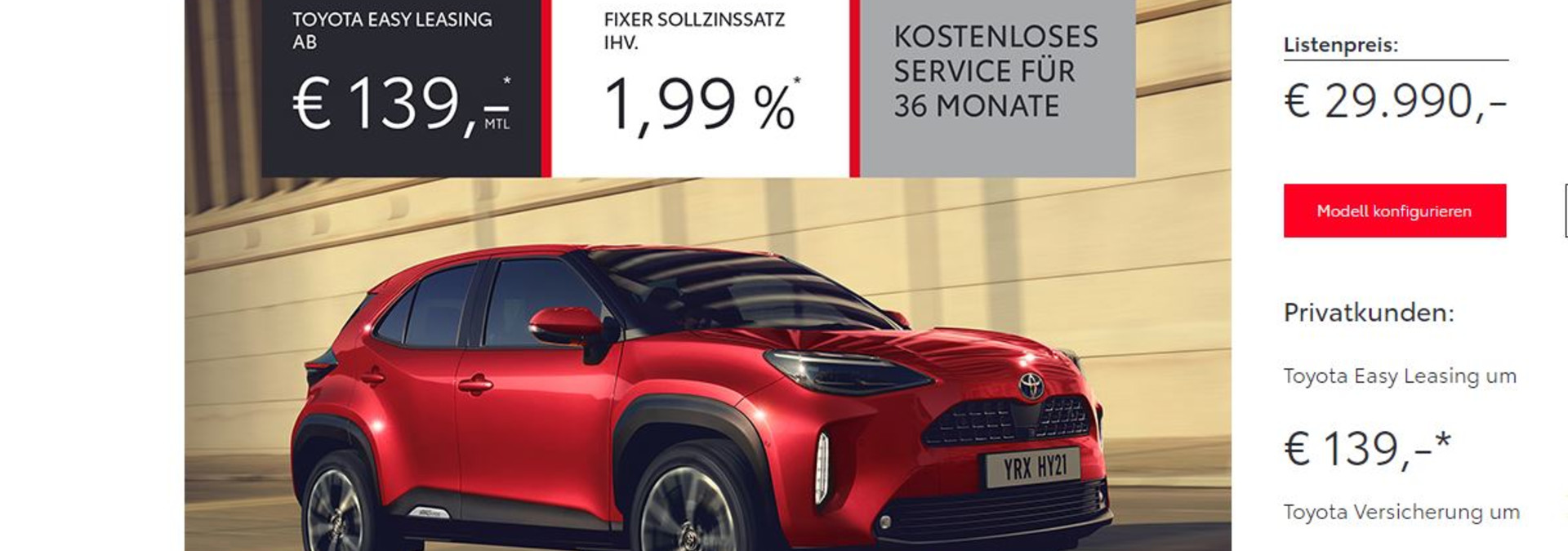 TOP Leasing Aktion für Yaris Cross bis 31.10.2023 bei Toyota Frech mit 1,99% Sonder- Fixzinssatz